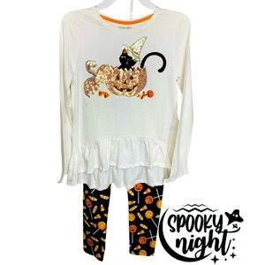 SPOOKY NIGHT Halloween Witch Cat in Jack-o’-lantern Legging Set Girl’s L(10/12)